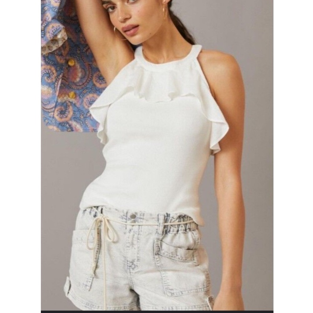 Maeve Anthropologie White Ribbed Ruffle Cold Shoulder Halter Top XS Women's Boho